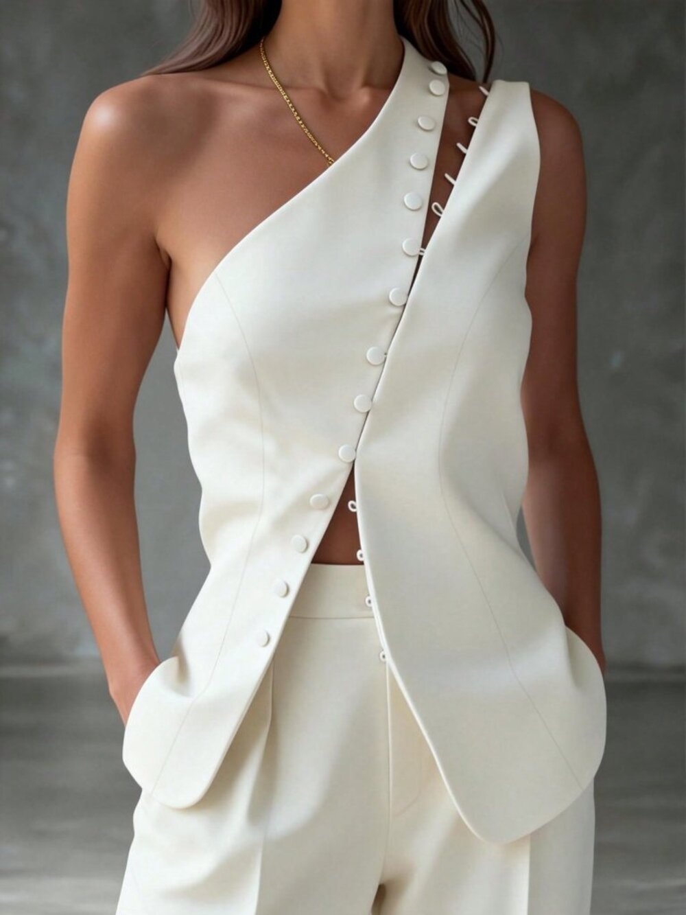 White Casual Women's Minimalist Button Front Button Oblique Shoulder Vest Top - Picture 5 of 8